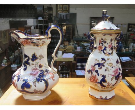 LARGE MASONS IRONSTONE STORAGE JAR WITH COVER AND LARGE JUG 