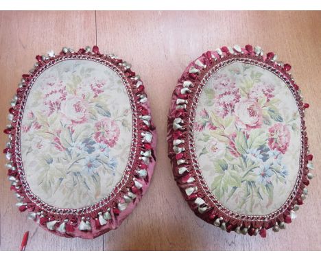PAIR OF FRENCH STYLE OVAL CUSHIONS DECORATED WITH FLORAL TAPESTRY AND CRUSHED VELVET 