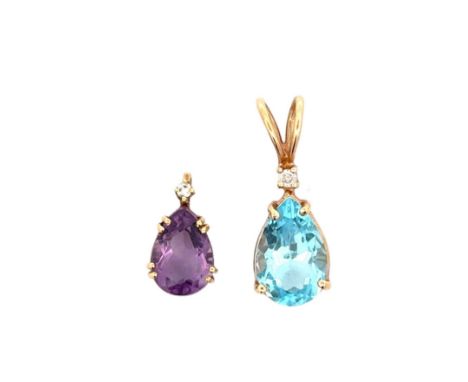 2 gemstone pendants set in umarked gold - tests as 15ct: a topaz and diamond pendant and an amethyst and diamond pendant. Wei