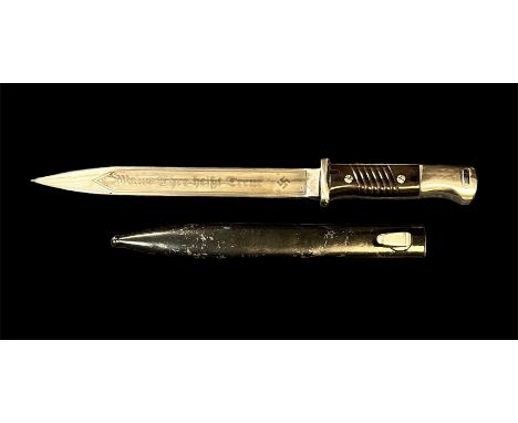 German nickel plated dress bayonet, 26cm blade stamped ACS (Alcoso Solinghen), with steel scabbard, overall length in scabbar