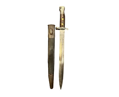 Enfield late 19th century double edged bayonet, with metal mounted leather scabbard, blade stamped with crown over VR cypher,