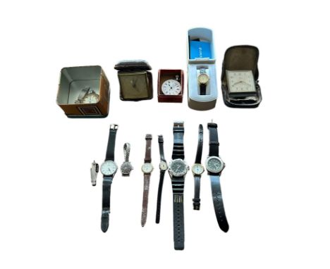 Collection of watches to include fashion watches (8) by Sekonda, Timex, Lorus etc, pocket watch movement, travel clocks (2) e