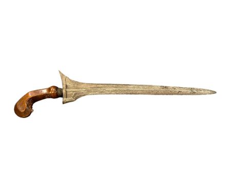 19th Century Javanese Dagger Kris, straight watered pamor blade, carved wooden hilt., without scabbard. Blade length 36cm.