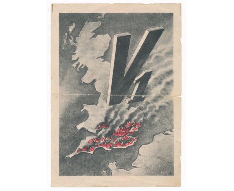 V-1 (July 1944), Second World War airborne German Propaganda leaflet, front depicts Southern England in flames with towering 