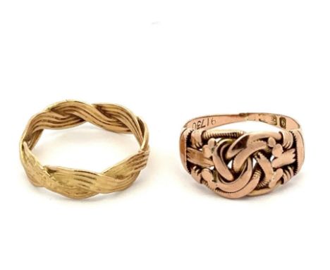 Two gold rings, a Celtic style ring stamped 9k (shank thinning) 3g approx, and a hallmarked 18ct gold ring, 2.5g approx. Both