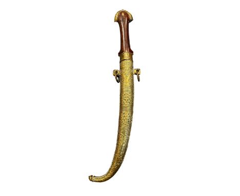 19th/20th century Arab Jambiya dagger, curved double-edged blade, wooden grip with brass pommel, brass inlaid decorated scabb