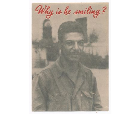 ‘Why is he smiling? He is out of it!’ (10.1944) Second World War airborne German Propaganda leaflet, leaflet depicting a blac