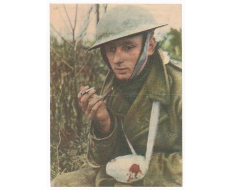 ‘He also had been told’ Second World War airborne German Propaganda leaflet, colour photograph of an injured soldier smoking 