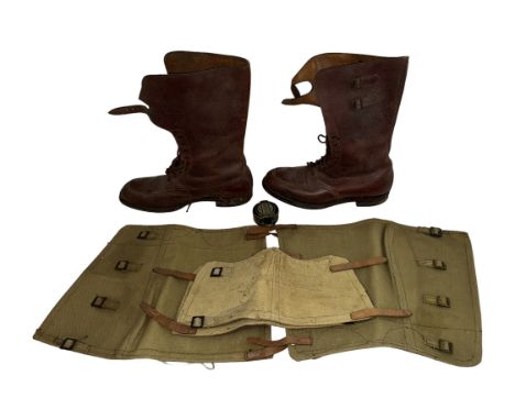 WWII compass, boots &amp; gaiters. Includes T.G. Co. Ltd London MKIII 1943 military compass (some damage including cracks to 