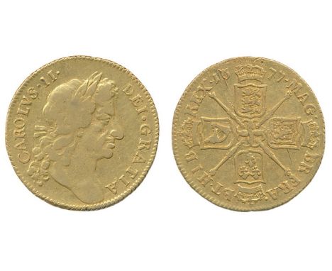 Charles II 1677 guinea, fourth laur. bust r., rev. crowned cruciform shields, sceptres in angles (S.3344), possibly ex-mounte