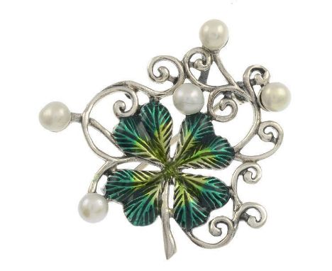 A cultured pearl and enamel brooch, depicting a four-leaf clover. May be worn as a pendant. Stamped 925. Length 3.5cms.Please