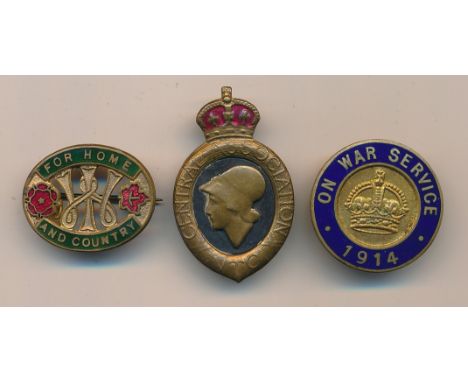 Selection of three enamel badges to include; First World War (WWI) Volunteers Training Corps Central Association VTC badge, F
