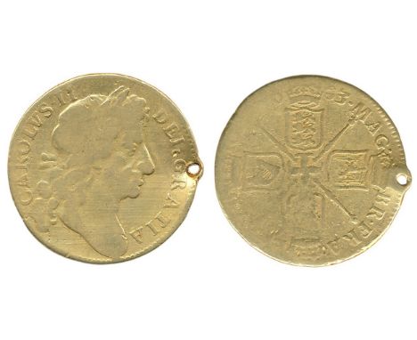 Charles II 1683 guinea, fourth laur. bust r., rev. crowned cruciform shields, sceptres in angles (S.3344), holed to 3 o'clock