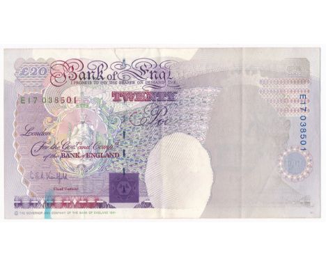 Error: Graham E. A. Kentfield £20 banknote, 25 November 1991, serial number E17 038501, with black print entirely missing fro