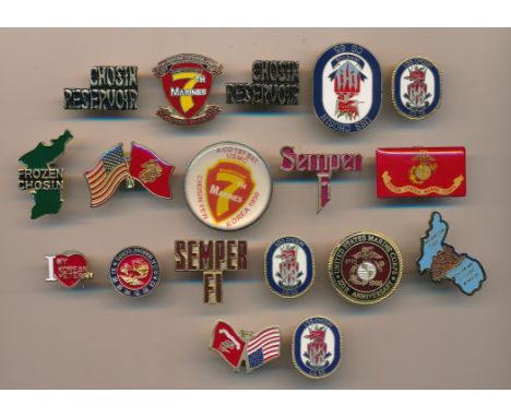 Korean War Marines Badges, small enamel pin badge selection to include; USS Chosin Invictus CG 65 large (x1) small (x3), Chos