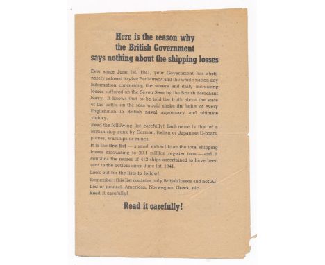 ‘Here is the reason why the British Government says nothing about the shipping losses.’ Second World War German airborne Prop