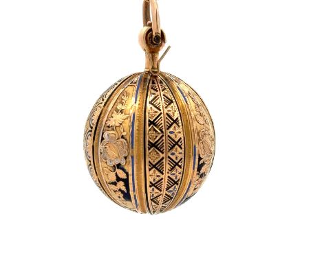 An unmarked gold and enamel orb pendant, the enamel has worn away in places. approx dimensions 42mm x 27mm approx. Weight app