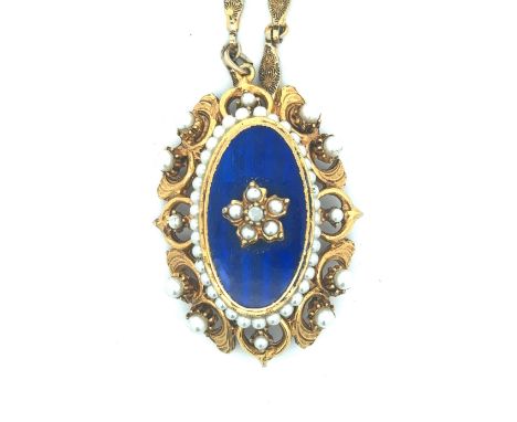 Vintage Victorian revival gold plated jewellery from the 'cloisonette' range by Florenza, New York. Royal blue enamel centre 