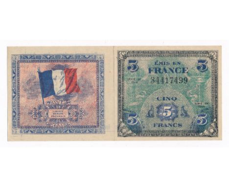 France Vichy Propaganda, anti Anglo-American leaflet one side depicting the Allied Military Currency 5 franc of 1944, reverse