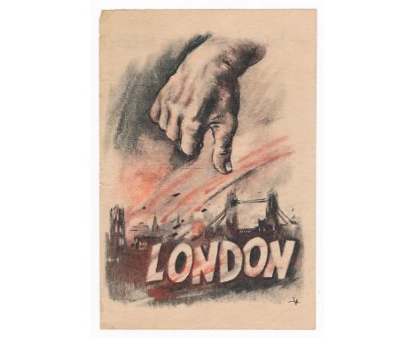 V-1 (June 1944) Second World War airborne German Propaganda leaflet, front depicts a gigantic hand over London with a turned 