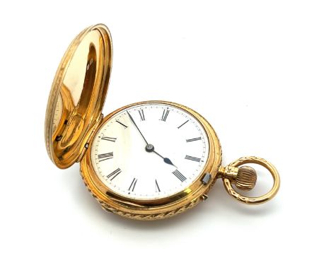 Stunning Pin Set 18k gold Full Hunter pocket watch with case, manual wind, in working order. Weight 57.2 g approx, diameter 3