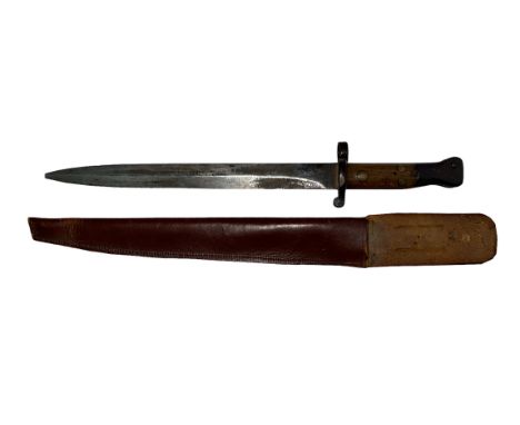 Victorian Boer War Lee Metford bayonet, with incorrect leather scabbard. WD mark to one side and inspection marks to blade th