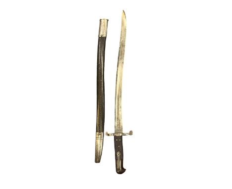 A 19th century unmarked sword bayonet, slightly curved blade. Leather scabbard (split). Blade length 58cm, overall length 72c