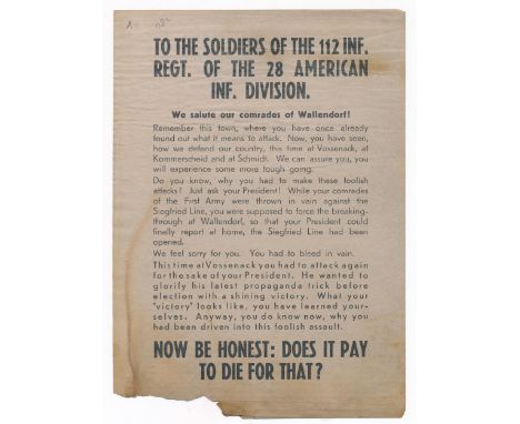 ‘TO THE SOLDIERS OF THE 112 INF. REGT. OF THE 28 AMERICAN INF. DIVISION.’ Second World War German airborne Propaganda leaflet