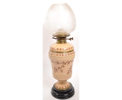 Hinks &amp; Sons - A 19th Century Victorian ceramic Aestheticism oil lamp by Hinks &amp; Sons. Having a beige ground with rep