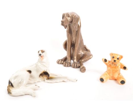 A collection of three animal ornaments comprising of a bronzed Frith Sculpture figure of 'Sidney Hound Dog', a ceramic dog la