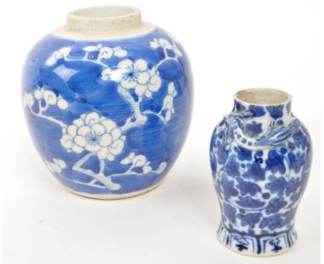 Two 19th century prunus blue and white Chinese porcelain ginger jar with small vase. Smaller vase with embossed lizard, ginge