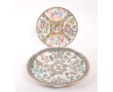 Two 19th century Chinese famile rose ceramic plates / dishes. Each hand painted with floral decoration and depictions of fami