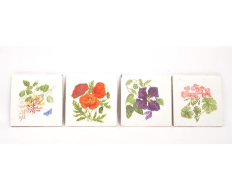 Minton - A collection of early 20th century ceramic hand painted wall tiles. Square form with varying species of flowers. Wit