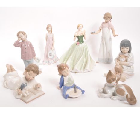 Lladro / Nao - A collection of eight porcelain china figurines to include two Lladro figures one of young girl with sun hat i
