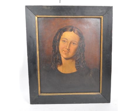 A 19th Century oil on board portrait / bust painting of a young woman with curly hair looking out to the viewer. Within woode