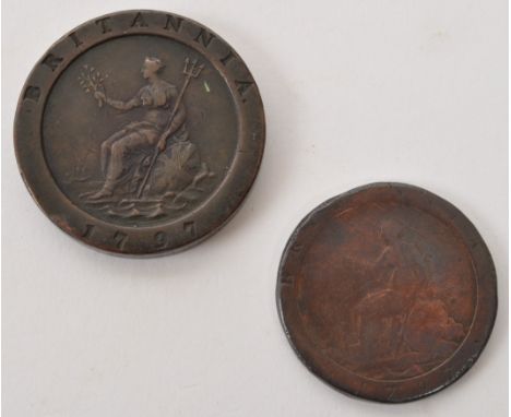 A 1797 2nd Issue King George III copper cartwheel penny and two pence. Each featuring George III bust to obverse, and Britann