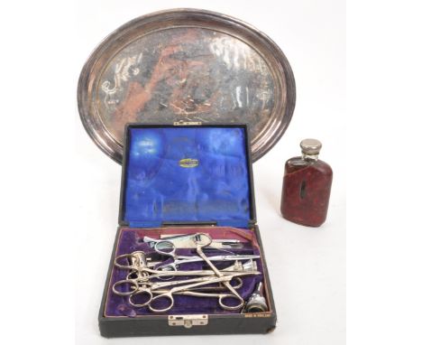 Gurr Surgical Instruments of Johannesburg. Various pieces of equipment in original box. Large silver plated serving tray insc