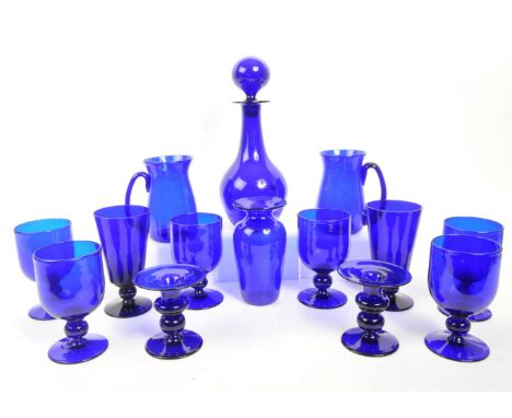 Bristol Blue Glass - A collection of Bristol Blue Glass comprising of a decanter, six wine / stem glasses, two beer glasses, 