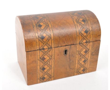 A 19th century walnut Tunbridge inlaid tea caddy box. The tea caddy having a domed lid, with Tunbridge inlaid banding to top 