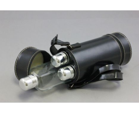 Set of Three Glass Hunting Flasks with Three Stirrup Cups in a Black Leather Case
