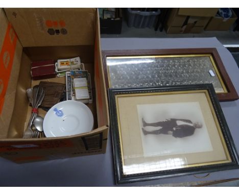 Box of mixed vintage items to include; forks marked RFC, framed military photographs, cigarette cards, lighter