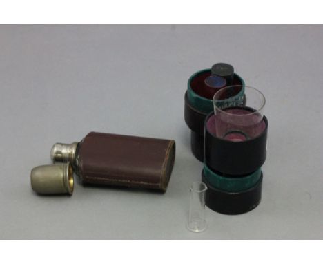 Late 19th / Early 20th century Leather Cased Medicine Glass Measure, another similar Case, Two Cased Miniature Glass Measures