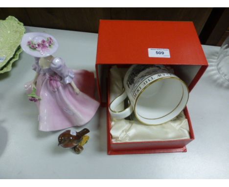 A coalport figure of a lady, along with Beswick Robin and a commemorative Spode Tankard  