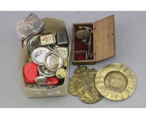 Box of mixed items to include; Georgian sovereign scales, vesta's snuff tin, watch chain, lighter