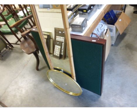 A bamboo framed wall mirror, along with a brass framed mirror and a card table