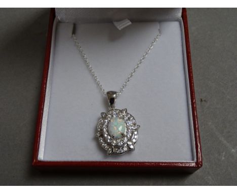 Silver CZ and opal pendant necklace cased