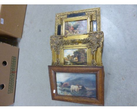 A decorative oilograph of a hunting scene, along with one other  
