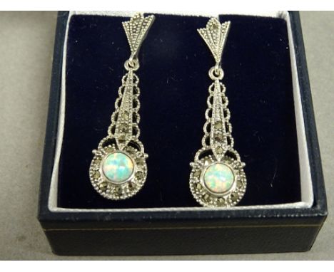 Pair of silver marcasite and opal Art Deco style drop earrings