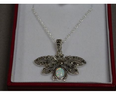 Silver marcasite and opal butterfly pendant necklace cased