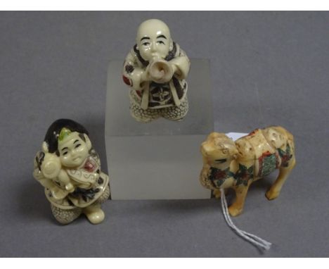 Bone camel carving plus two netsuke style figures